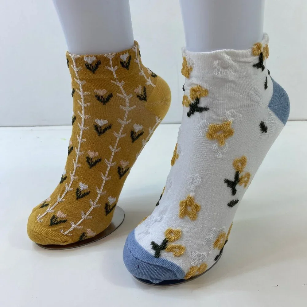 Womens Floral Pattern Ankle Socks 2 Pack Striped Yellow White Blue